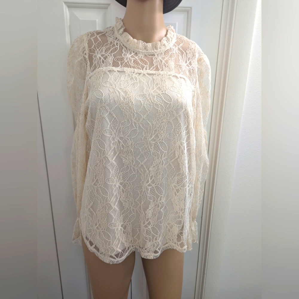 Adrianna Papell Champagne Lace Ruffle Neck Blouse Size Small